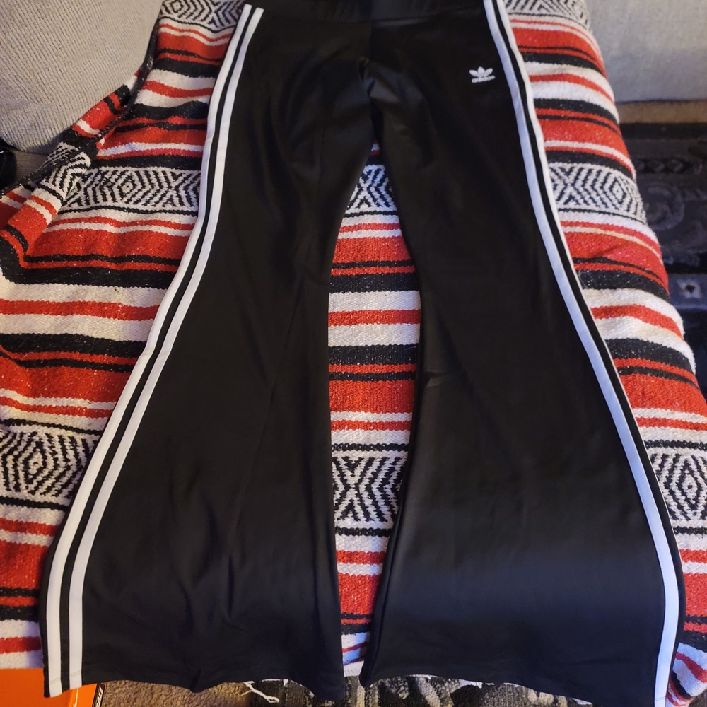 Adidas Women's Black Flared Leggings with White Stripes